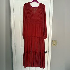 NWOT Anthropologie V Neck Tiered Maxi Dress 
Long Sleeve Boho Red
Size XL